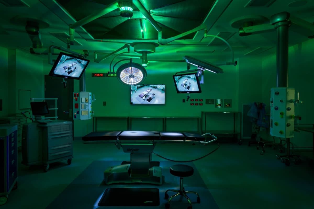 Sense-X screen in a radiology room with ambient green lighting